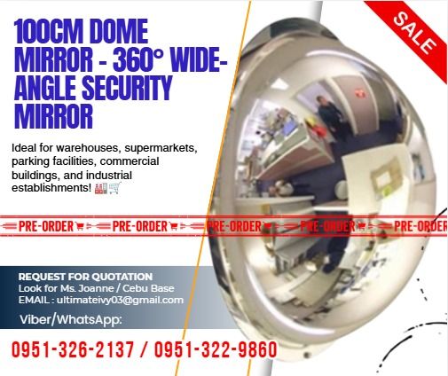 100cm Dome Mirror 360 Degree Wide Angle Security Mirror (Category: Everything Else Others) located in Caloocan City. Submitted by mysticeagle_ac2216 (Listing ID 1469586294, Image 1). Description: ⚙️ PRODUCT FEATURES ✅ Product Name: 360° Dome Safety Mirror ✅ Diameter: 100 cm ✅ Viewing Angle: 360 degrees ✅ Application: Blind-spot monitoring and safety surveillance ✅ Purpose: Improved visibility in busy or obstructed areas 🌟 PRODUCT ADVANTAGES ✔️ W