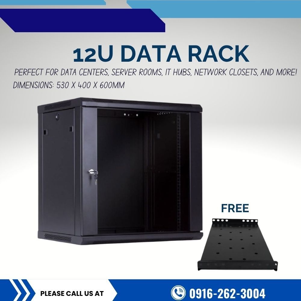 12U Data Rack Server Cabinet with Free Tray (Category: Everything Else Others) located in Manila. Submitted by cyrenejoye (Listing ID 1469632253, Image 1). Description: - Type: 12U data rack enclosure for server rooms and IT hubs - Dimensions: 530 x 400 x 600 mm - Material: Heavy-duty black metal build - Security: Lockable side panels and front access - Freebie: Includes a free shelf tray (as shown in pictures).