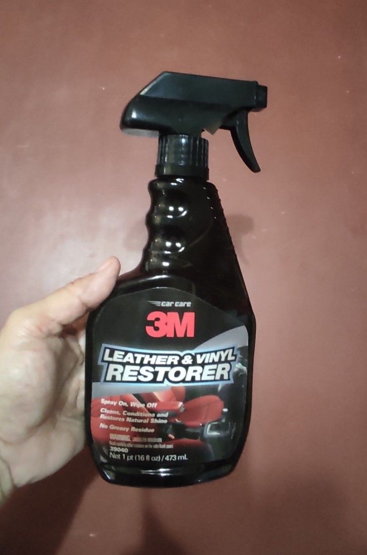 3M Leather & Vinyl Restorer Spray (Category: Cleaning Tools & Supplies) located in Las Pinas. Submitted by lawki_stuff (Listing ID 1469589276, Image 1). Description: 3M Leather and Vinyl Restorer. Cleans, conditions, and restores natural shine. No greasy residue formula. Spray on and wipe off. Net 1 pt, 473 ml bottle with trigger sprayer. Clear instructions and warnings printed on the back label. Great for keeping car interiors looking fresh and 