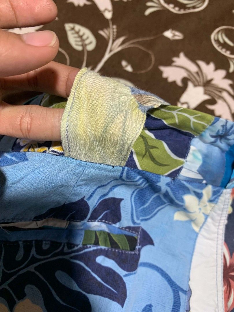 90s Patchwork Tropical Hawaiian Print Casual Shorts (Category: Shorts) located in Bislig. Submitted by rndm_stff1 (Listing ID 1469616094, Image 3). Description: Statement-making patchwork shorts featuring an eclectic mix of vintage tropical prints, from vibrant hibiscus flowers to palm tree beaches and island landscape. Built with a clean waistband, belt loops, button fly, and functional rear pockets. Perfect for summer getaways, resort wear, or 