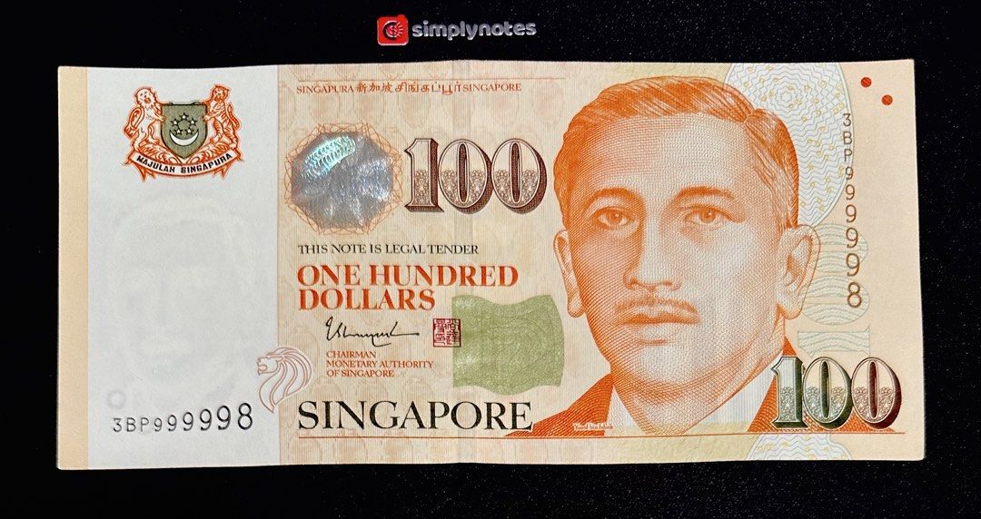 999998 $100 Almost Solid (Category: Currency) located in Singapore. Submitted by simplynotes (Listing ID 1469708182, Image 2). Description: Portrait $100 Banknote 3BP999998 Almost Solid Lightly Used No hole, No tear.