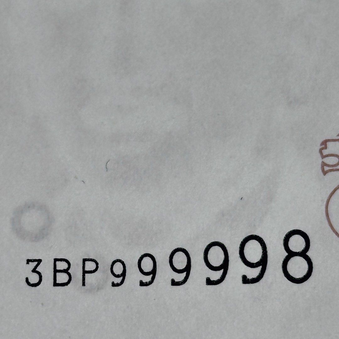 999998 $100 Almost Solid (Category: Currency) located in Singapore. Submitted by simplynotes (Listing ID 1469708182, Image 1). Description: Portrait $100 Banknote 3BP999998 Almost Solid Lightly Used No hole, No tear.