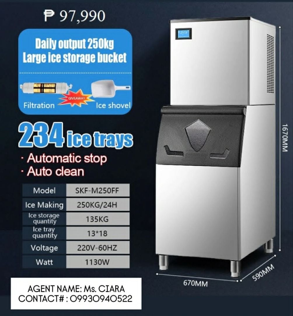 🧊 ICE CUBE MAKER MACHINE 🥶 (Category: Industrial Equipment) located in Lucena. Submitted by ciaramasotes29 (Listing ID 1469599190, Image 3). Description: 🧊 ICE CUBE MAKER MACHINE 🥶 • 165kg – ₱77,990 EP-M165FF-A/B (156 grid, single inlet, air-cooled) • 220kg – ₱87,990 EP-M220FF-A/B (182 grid, single inlet, air-cooled) • 250kg – ₱97,990 EP-M250FF-A/B (234 grid, single inlet, air-cooled) • 350kg – ₱119,990 EP-ZSP350 A/B (210 grid, single inlet, 