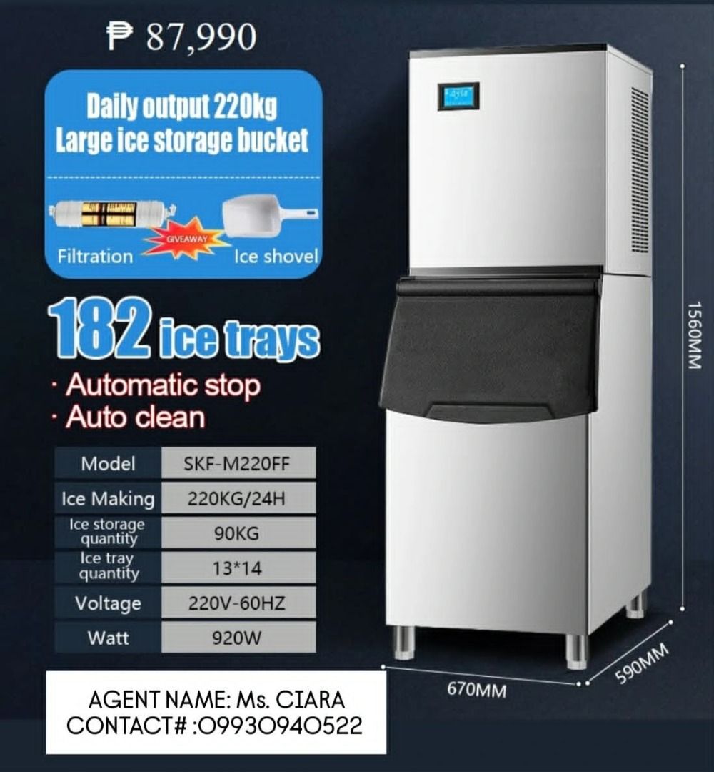 🧊 ICE CUBE MAKER MACHINE 🥶 (Category: Industrial Equipment) located in Lucena. Submitted by ciaramasotes29 (Listing ID 1469599190, Image 2). Description: 🧊 ICE CUBE MAKER MACHINE 🥶 • 165kg – ₱77,990 EP-M165FF-A/B (156 grid, single inlet, air-cooled) • 220kg – ₱87,990 EP-M220FF-A/B (182 grid, single inlet, air-cooled) • 250kg – ₱97,990 EP-M250FF-A/B (234 grid, single inlet, air-cooled) • 350kg – ₱119,990 EP-ZSP350 A/B (210 grid, single inlet, 