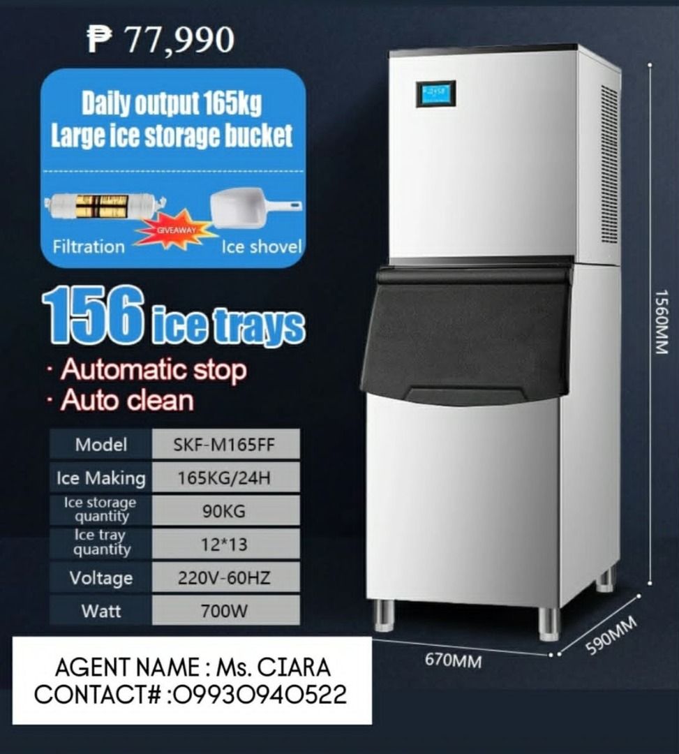 🧊 ICE CUBE MAKER MACHINE 🥶 (Category: Industrial Equipment) located in Lucena. Submitted by ciaramasotes29 (Listing ID 1469599190, Image 1). Description: 🧊 ICE CUBE MAKER MACHINE 🥶 • 165kg – ₱77,990 EP-M165FF-A/B (156 grid, single inlet, air-cooled) • 220kg – ₱87,990 EP-M220FF-A/B (182 grid, single inlet, air-cooled) • 250kg – ₱97,990 EP-M250FF-A/B (234 grid, single inlet, air-cooled) • 350kg – ₱119,990 EP-ZSP350 A/B (210 grid, single inlet, 