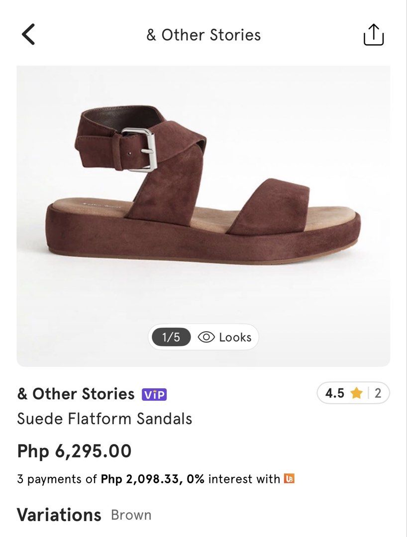& Other Stories Suede Flatform Sandals Brown (Category: Flats & Sandals) located in Quezon City. Submitted by ivifrancis70303 (Listing ID 1469612694, Image 2). Description: & Other Stories brown suede flatform sandals. Adjustable criss-cross ankle straps and a horizontal front strap. Soft padded suede footbed with chunky rubber soles. Sole height is about 3.5cm. Minimal wear on the footbed and soles from previous use. Classic earthy tone that mat