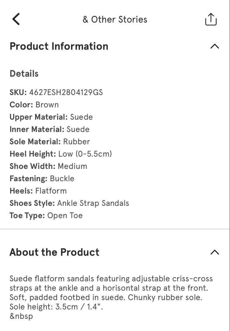 & Other Stories Suede Flatform Sandals Brown (Category: Flats & Sandals) located in Quezon City. Submitted by ivifrancis70303 (Listing ID 1469612694, Image 3). Description: & Other Stories brown suede flatform sandals. Adjustable criss-cross ankle straps and a horizontal front strap. Soft padded suede footbed with chunky rubber soles. Sole height is about 3.5cm. Minimal wear on the footbed and soles from previous use. Classic earthy tone that mat