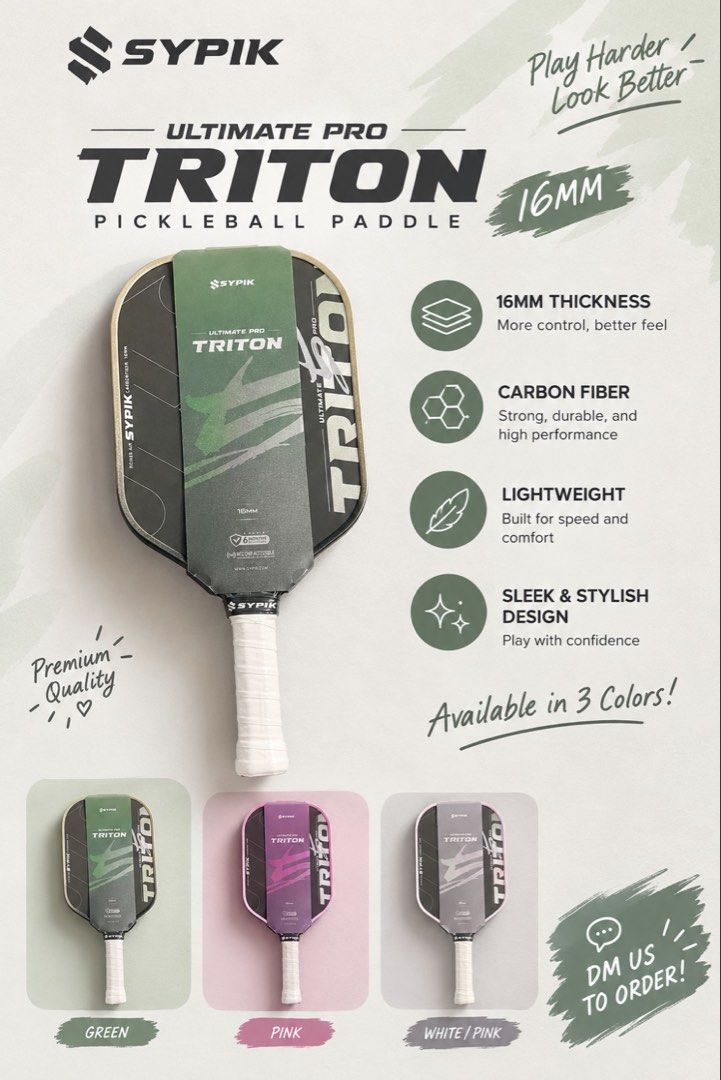 🏓 Sypik Ultimate Pro Triton Pickleball Paddle (Category: Other Sports Equipment and Supplies) located in Manila. Submitted by mightyocean_248c64 (Listing ID 1469647142, Image 1). Description: Available colors: 💚 Green | 💗 Pink | 🩷 White/Pink ✔️ 16mm thickness ✔️ Carbon Fiber ✔️ Sleek and stylish design Perfect for pickleball players looking for a stylish paddle!.