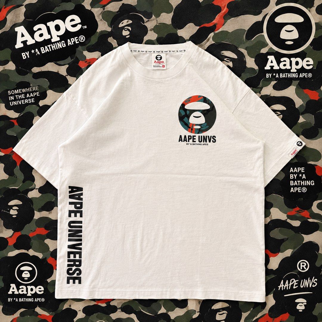 Aape by a bathing ape (Category: Formal Shirts) located in Bulacan. Submitted by b4mzz (Listing ID 1469638843, Image 1). Description: AAPE UNVS Tee 🦍 Clean white graphic tee featuring the signature AAPE UNVS design. Authentic piece with standout streetwear details. 📏 Width: 22” | Length: 28” 🎨 Color Rate: 10/10 ⚠️ Issue: Minimal pinhole 💬 Open for reasonable offers!.
