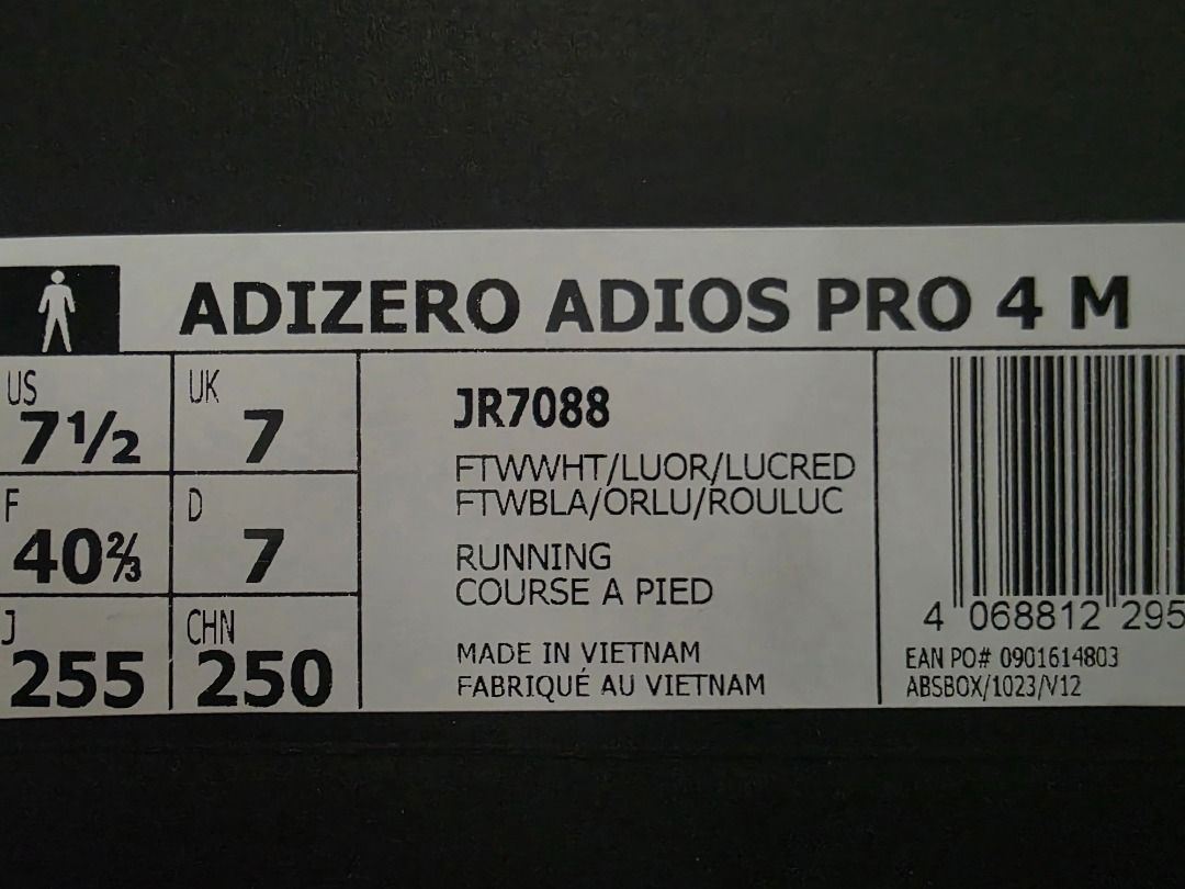 Adizero Adios Pro 4 (Category: Sneakers) located in Caloocan City. Submitted by tdk_89712 (Listing ID 1469720461, Image 3). Description: Selling my Adidas Adizero Adios Pro 4 in this beautiful colorway! Bought in Japan in March 2026. Used only on race days and well maintained. • Size: US 7.5 Men • Condition: Lightly used • Includes original box.