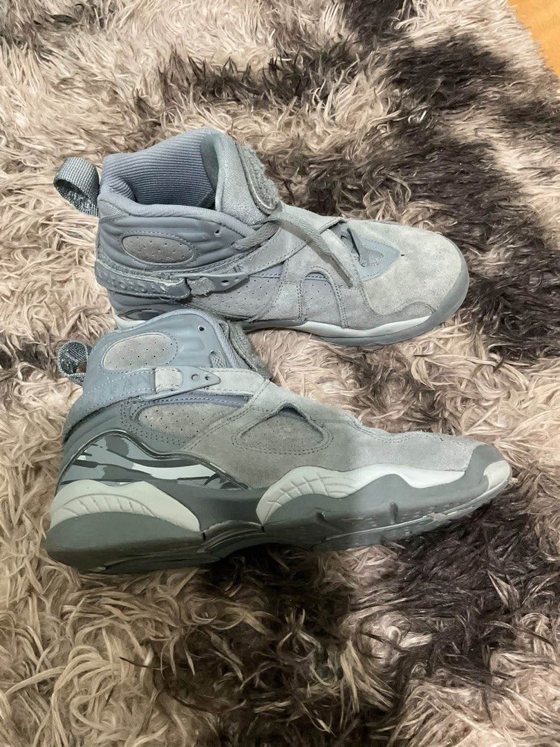 Air Jordan 8 Retro Cool Grey (Category: Sneakers) located in Tabuk. Submitted by collectors_thrift_shop (Listing ID 1469589780, Image 2). Description: - Model: Air Jordan 8 Retro - Colorway: Cool Grey - Size: US 4Y / UK 3.5 / EUR 36 - Origin: Made in Indonesia - Materials & Features: Suede upper, iconic cross straps, signature chenille tongue patch, cushioned sole, and heel pull tabs - Condition: Clean pair overall with minor signs of wear on the