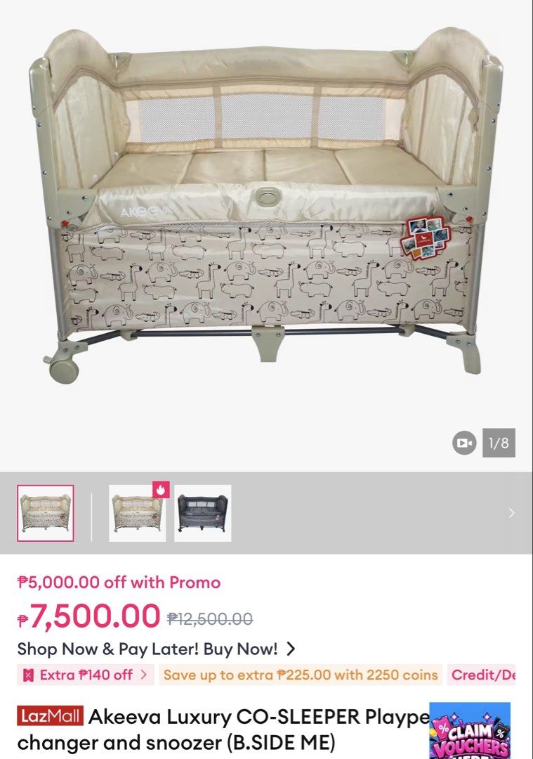 Akeeva Luxury CO-SLEEPER Playpen/ crib (Category: Cots & Cribs) located in General Trias. Submitted by jaymmielle (Listing ID 1469601752, Image 1). Description: - di kasama bumper, bedsheet and pillows - Brand/Model: Akeeva B.SIDE ME playpen - Design: Khaki animal print with extra blue-and-grey - Mobility: Wheels on one side for easy moving around the room - Condition: Sturdy build, clean, and ready for use - Features: Multi-functional setup for 