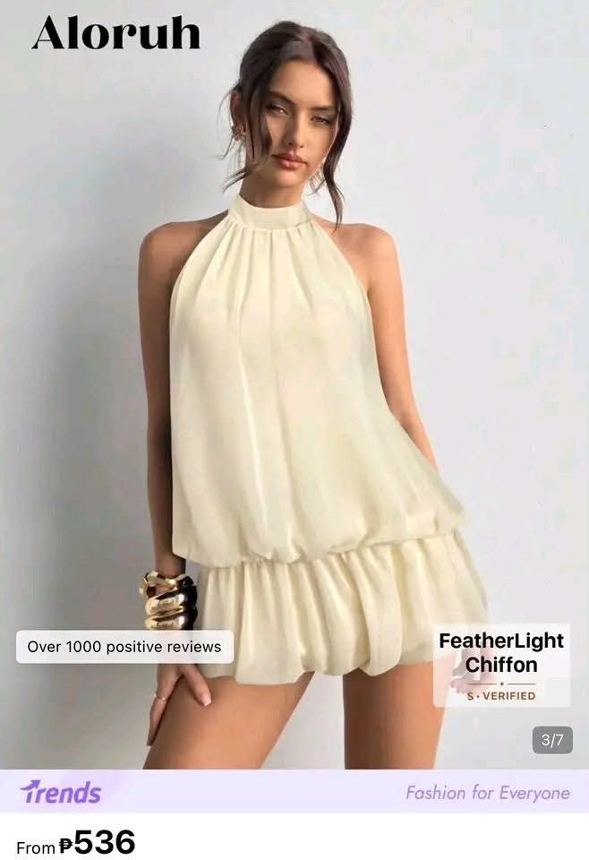 Aloruh FeatherLight Chiffon Halter Romper Cream (Category: Rompers) located in Bulacan. Submitted by stormiegray (Listing ID 1469720132, Image 1). Description: - Brand: Aloruh - Color: Cream - Material: Featherlight chiffon - Style: Halter neckline with flowy layered shorts - Fit: Pull-on style, lightweight and airy - Condition: Brand new, unworn - Perfect for: Warm weather and casual outings.