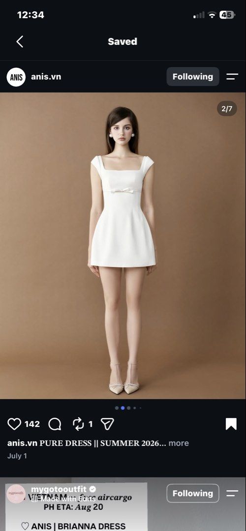 Anis Brianna Dress White (Category: Dresses) located in Caloocan City. Submitted by anneoyinggg (Listing ID 1469592476, Image 3). Description: - Brand: Anis - Style: Brianna dress in solid white - Design: Square neckline, cap sleeves, fitted bodice with front bow detail, and structured short skirt - Closure: Back zipper - Condition: Worn once for try-on only (like new) - Size: Check photos for exact size chart measurements - Aesthetic: Clean and 