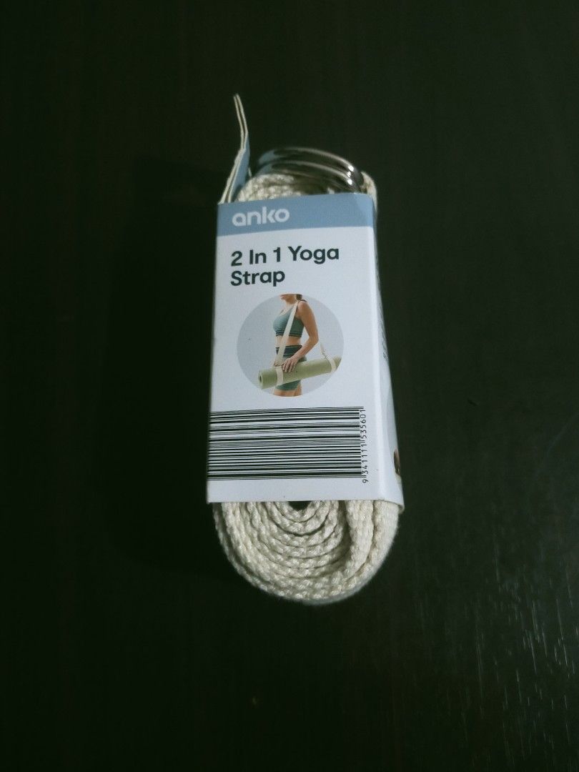 Anko 2-in-1 Yoga Strap (Category: Toning & Stretching Accessories) located in Quezon City. Submitted by mcmp1216 (Listing ID 1469680650, Image 1). Description: Brand: Anko Type: 2-in-1 Yoga Strap (functions as a stretching aid and a yoga mat carry sling) Material: Woven cotton/fabric tape with D-ring metal buckles This accessory serves a dual purpose: It acts as a traditional D-ring stretching strap to deepen flexibility during yoga poses, and it
