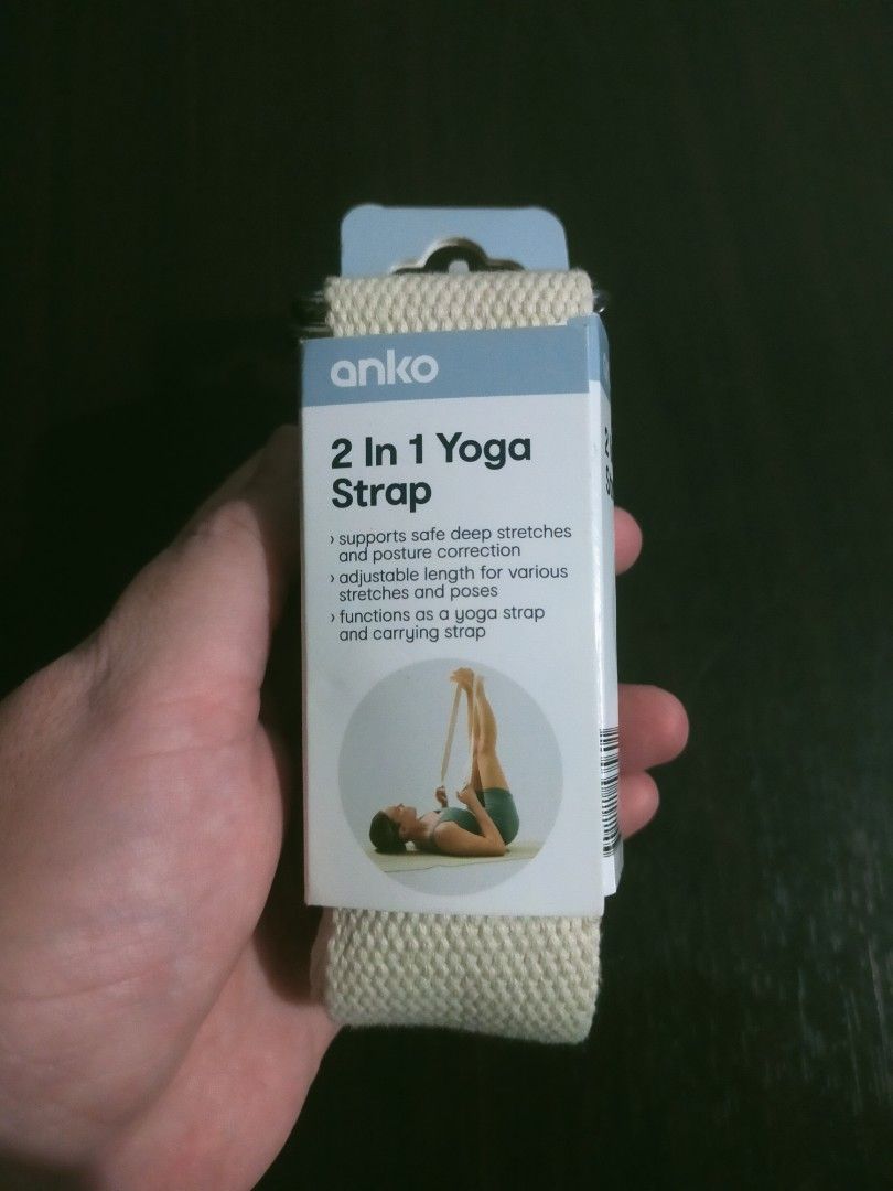 Anko 2-in-1 Yoga Strap (Category: Toning & Stretching Accessories) located in Quezon City. Submitted by mcmp1216 (Listing ID 1469680650, Image 2). Description: Brand: Anko Type: 2-in-1 Yoga Strap (functions as a stretching aid and a yoga mat carry sling) Material: Woven cotton/fabric tape with D-ring metal buckles This accessory serves a dual purpose: It acts as a traditional D-ring stretching strap to deepen flexibility during yoga poses, and it