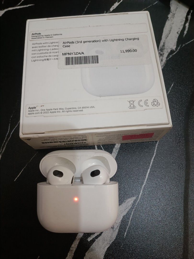 Apple AirPods 3rd Generation with Lightning Charging Case (Category: Headphones & Headsets) located in Antipolo. Submitted by made23 (Listing ID 1469633062, Image 1). Description: - Model: Apple AirPods 3rd Generation 12k bramd new price - Condition: Fully working, clean white finish - Sound & Battery: Great sound quality and reliable battery life(3-5hrs) - Inclusions: Original box and Lightning charging case ( replacement connector) - Authentici