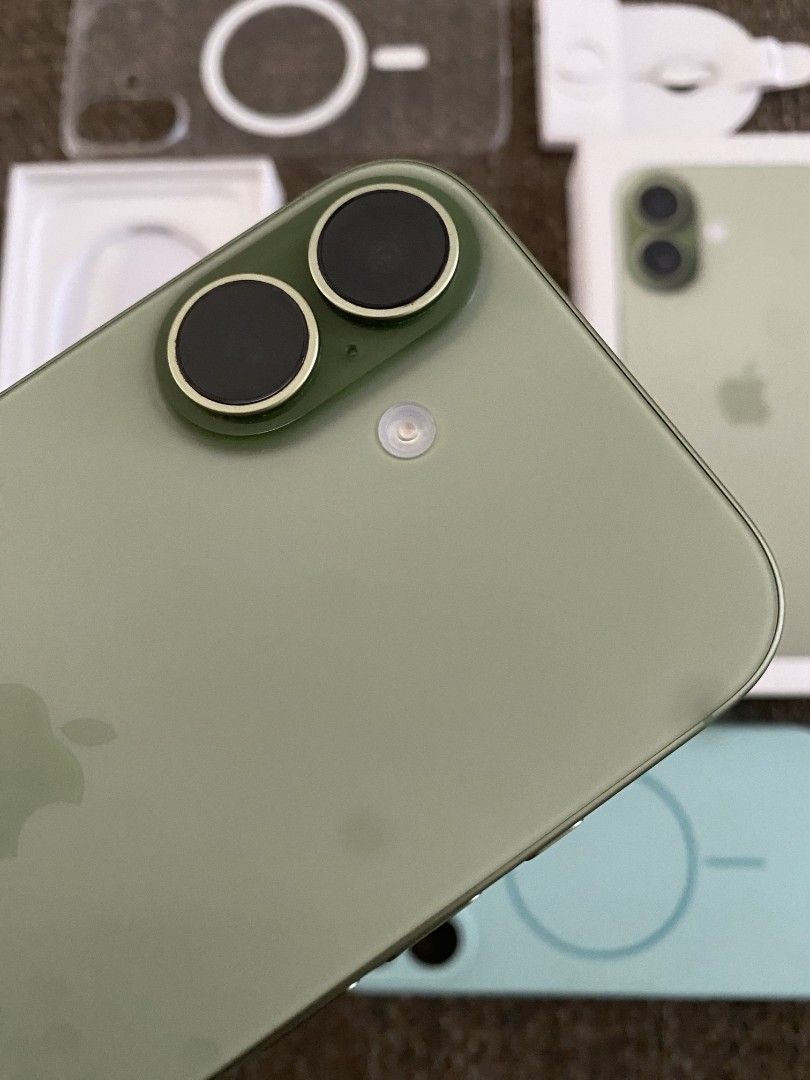 Apple iPhone 17 Green 256GB with Accessories (Category: iPhone 17 Series) located in Bulacan. Submitted by retapmoves007 (Listing ID 1469713498, Image 3). Description: Apple iPhone 17 in green with 256GB storage capacity. Battery health is at ninety percent with 344 cycle counts. Includes original retail box, USB-C charging cable, SIM ejector tool, and two MagSafe compatible protective cases in clear and mint green. Screen and body inspected, ful