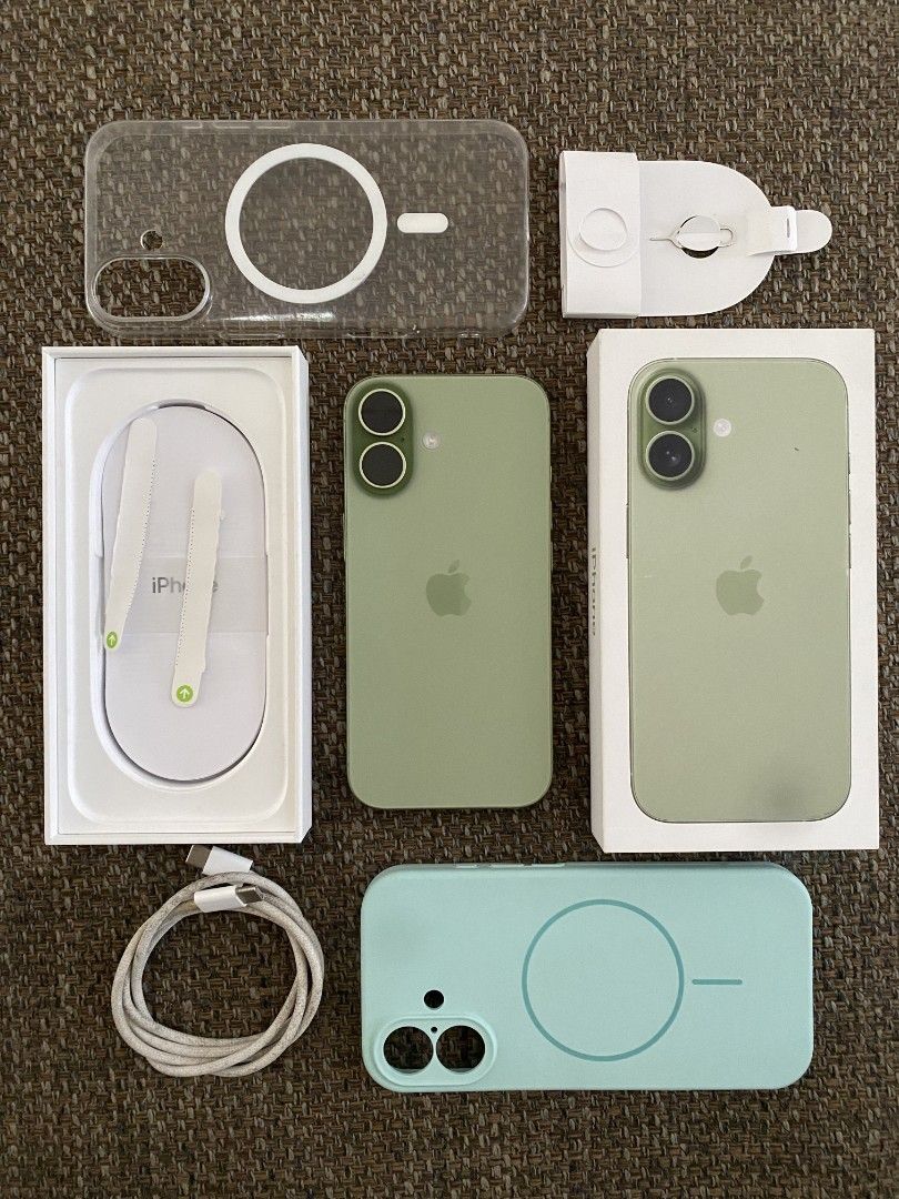 Apple iPhone 17 Green 256GB with Accessories (Category: iPhone 17 Series) located in Bulacan. Submitted by retapmoves007 (Listing ID 1469713498, Image 2). Description: Apple iPhone 17 in green with 256GB storage capacity. Battery health is at ninety percent with 344 cycle counts. Includes original retail box, USB-C charging cable, SIM ejector tool, and two MagSafe compatible protective cases in clear and mint green. Screen and body inspected, ful