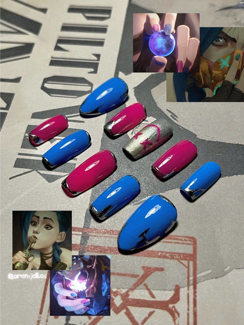 Arcane Jinx press-on nails 💥👾 (Category: Hands & Nails) located in San Fernando. Submitted by 333des (Listing ID 1469582266, Image 1). Description: DO NOT STEAL MY DESIGNS Handmade press-on nails ₱200 for any design -Size: medium almond and medium coffin - Sizing guide included in photos. Please read product description properly. - Gel polish, silver chrome, spider gel, charms, molding gels, 3d gel, wave gel, glitter cat eye gel please support 