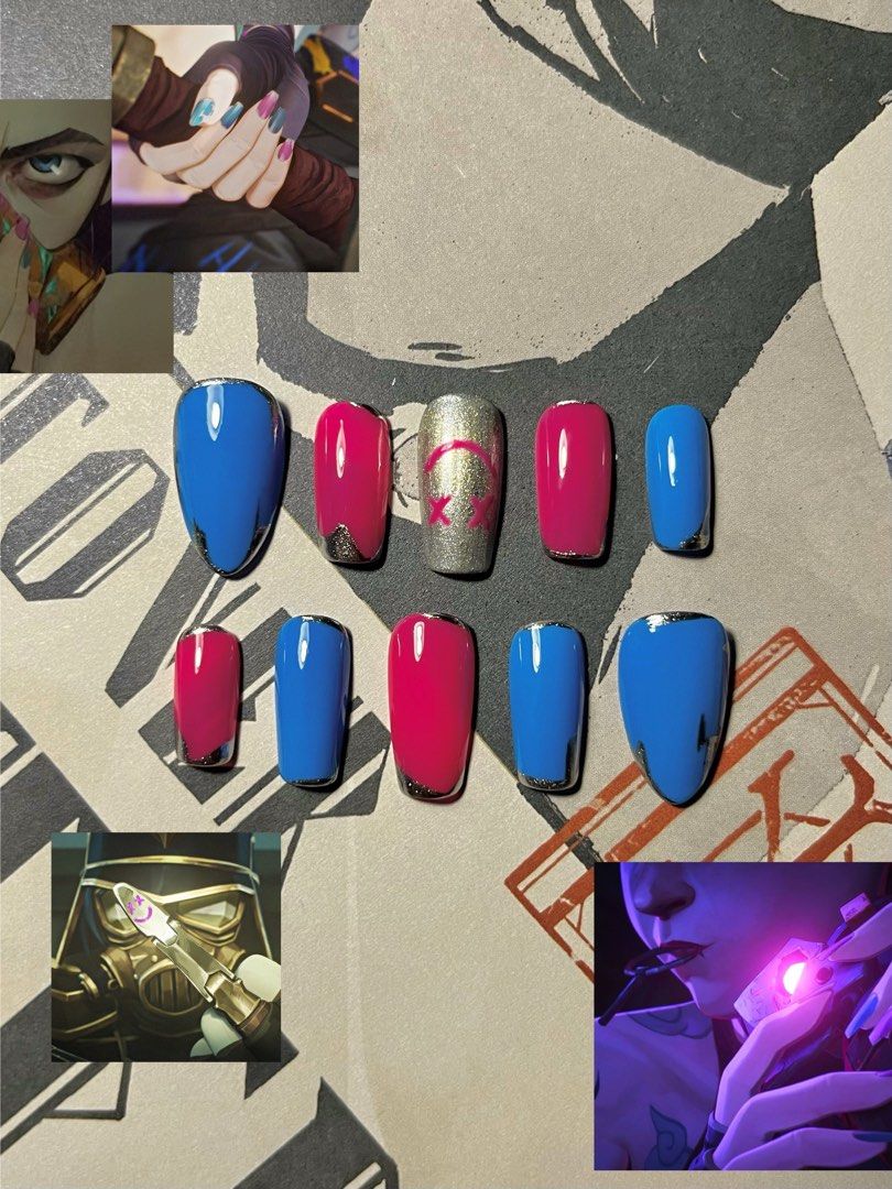 Arcane Jinx press-on nails 💥👾 (Category: Hands & Nails) located in San Fernando. Submitted by 333des (Listing ID 1469582266, Image 2). Description: DO NOT STEAL MY DESIGNS Handmade press-on nails ₱200 for any design -Size: medium almond and medium coffin - Sizing guide included in photos. Please read product description properly. - Gel polish, silver chrome, spider gel, charms, molding gels, 3d gel, wave gel, glitter cat eye gel please support 