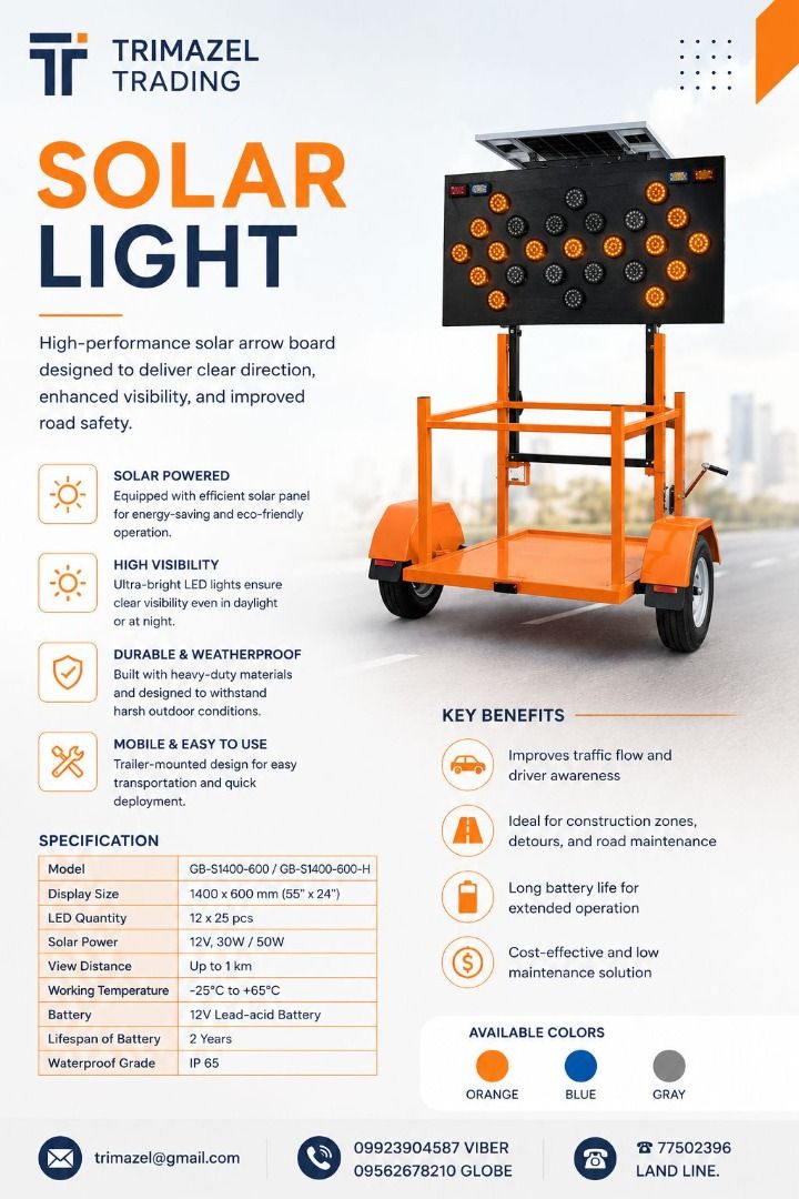 ARROW LIGHT (Category: Looking For) located in Caloocan City. Submitted by bodega_sales27 (Listing ID 1469586879, Image 1). Description: 🚦☀️ SOLAR ARROW LIGHT — SMART SIGNALING, BETTER ROAD SAFETY! Improve traffic direction and worksite visibility with our Solar Arrow Light, designed to help guide motorists and improve awareness in road work zones. Ideal for highways, construction sites, road maintenance, parking areas, and traffic management pr