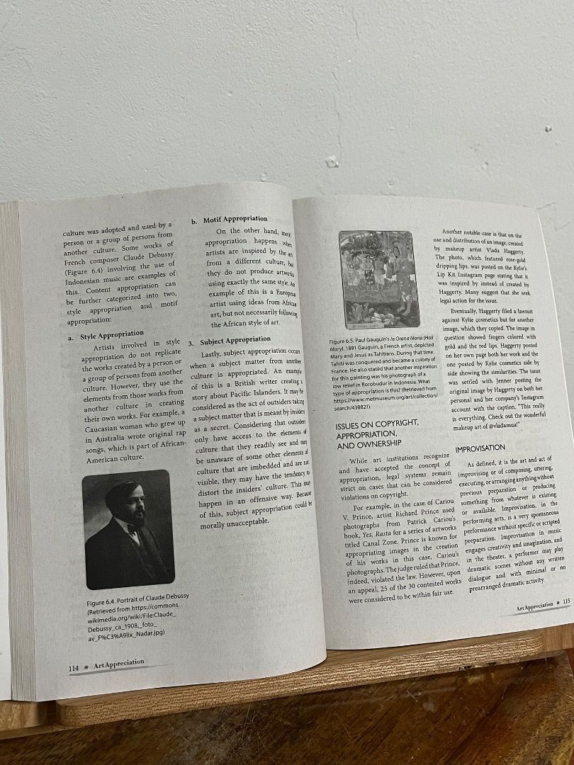 Art Appreciation Textbook | 2019 Edition (Category: Textbooks) located in Cabuyao City. Submitted by rdtrmt (Listing ID 1469757791, Image 3). Description: - Title: Art Appreciation (2019 Edition) - Authors: Wilson K. Panisan and co-authors - Publisher: Mutya Publishing House - Publishing Year: 2019 - Curriculum: CHED General Education compliant (stamp on cover) - Key Topics: Color theory, art history, and cultural appropriation - Format: Standard
