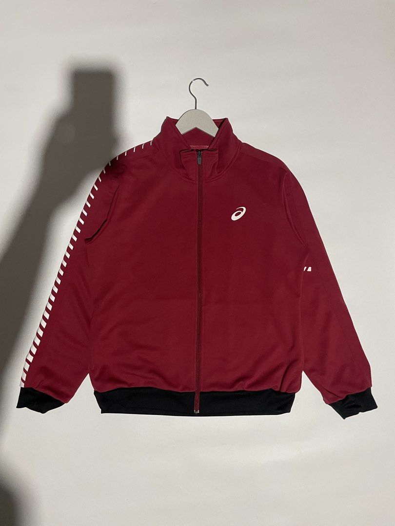 Asics track jacket (Category: Coats, Jackets and Outerwear) located in Bais. Submitted by christian.complexthrift08 (Listing ID 1469756153, Image 1). Description: Asics track jacket (Perfect for daily use) Color: Maroon Size: L on tag Width: 22 inches Length: 26.5 inches Condition: 9.5 / 10 Issue: Price: 799 free shipping Via JNT express.