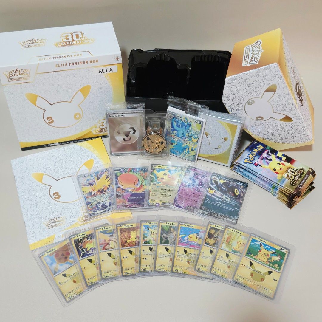 Assorted characters (Category: Raw Singles) located in Pasig City. Submitted by kshopph (Listing ID 1469630238, Image 1). Description: OPENED 30TH ANNIVERSARY ETB SET A Inclusions: Sealed Promo Card Nidorina Sleeves Dice and Coin Basic Energy Set Players Guide 2 IR - Zapdos and Scraggy (with sleeves and toploader 3 EX - Pikachu, Mewtwo and Umbreon(with sleeves and toploader) 10pcs - Pikachu (with sleeves and toploader) Empty booster packs .