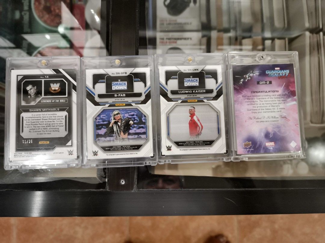 Assorted characters Rare (Category: Raw Singles) located in Manila. Submitted by jose.prats (Listing ID 1469610181, Image 3). Description: Becky Lynch Autographed and Relic #19/100 ‎BFab autographed #11/25 ‎Ludwig Kaiser #22/99 ‎Shawn Michaels Legends #01/25 ‎Upper deck Drax and Nebula Gear card.