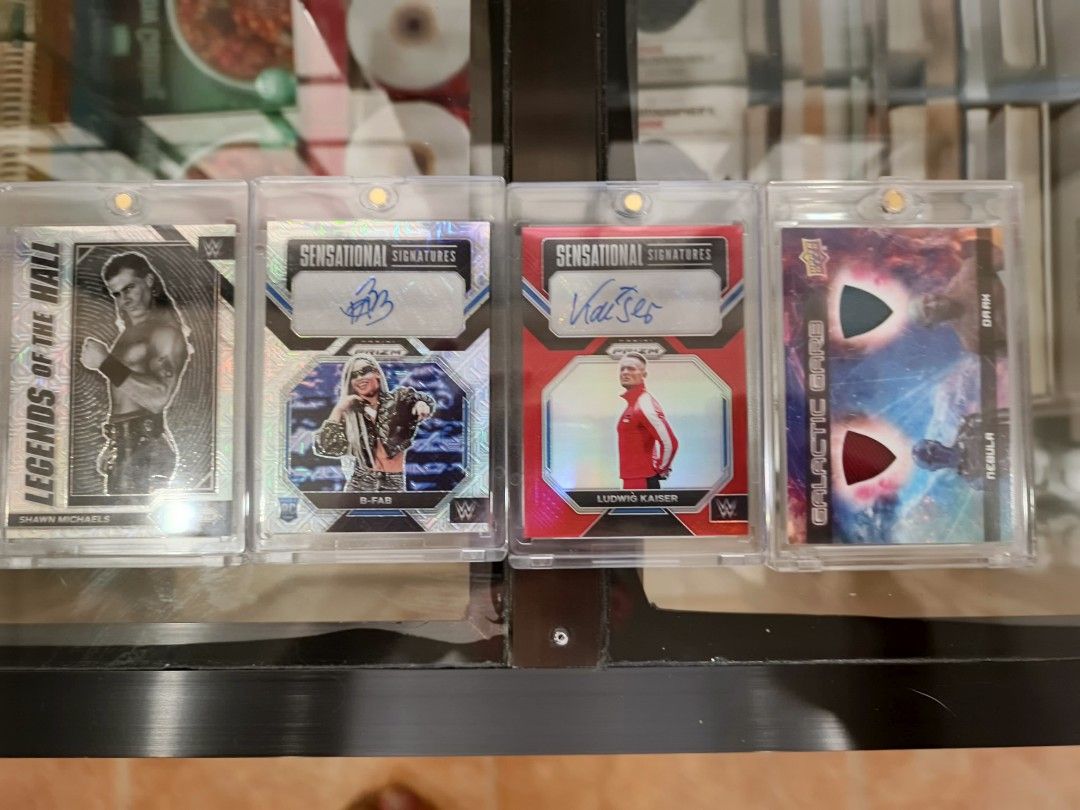Assorted characters Rare (Category: Raw Singles) located in Manila. Submitted by jose.prats (Listing ID 1469610181, Image 2). Description: Becky Lynch Autographed and Relic #19/100 ‎BFab autographed #11/25 ‎Ludwig Kaiser #22/99 ‎Shawn Michaels Legends #01/25 ‎Upper deck Drax and Nebula Gear card.