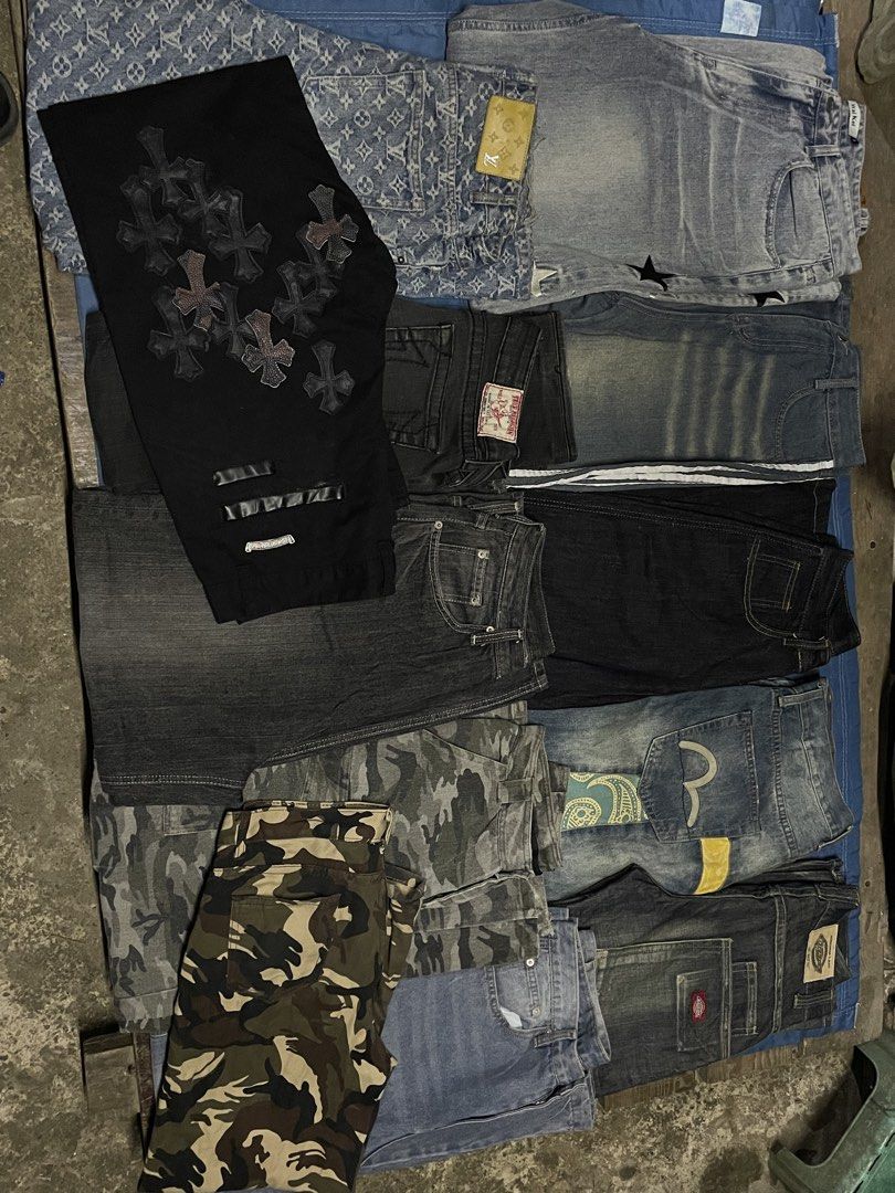 Assorted Designer and Streetwear Jeans Bundle (Category: Jeans) located in Manila. Submitted by chawmichael (Listing ID 1469601617, Image 1). Description: - Ultimate streetwear pants bundle featuring top hype and designer brands - Includes Chrome Hearts, True Religion, Louis Vuitton monogram, Evisu with back pocket prints, camo cargo pants, and washed denim - Variety of washes, fits, and unique designs in the pile - Perfect for upgrading your str