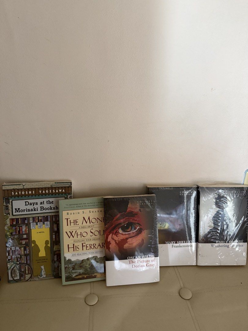 Assorted Fiction and Classic Novels Bundle (Category: Storybooks) located in Zamboanga. Submitted by nini_0423 (Listing ID 1469597983, Image 1). Description: - Bundle of 5 great books: contemporary fiction, self-help, and timeless classics - Titles included: Days at the Morisaki Bookshop, The Monk Who Sold His Ferrari, The Picture of Dorian Gray, Frankenstein, and Wuthering Heights - Condition note: 3 classic novels are still brand new and sealed