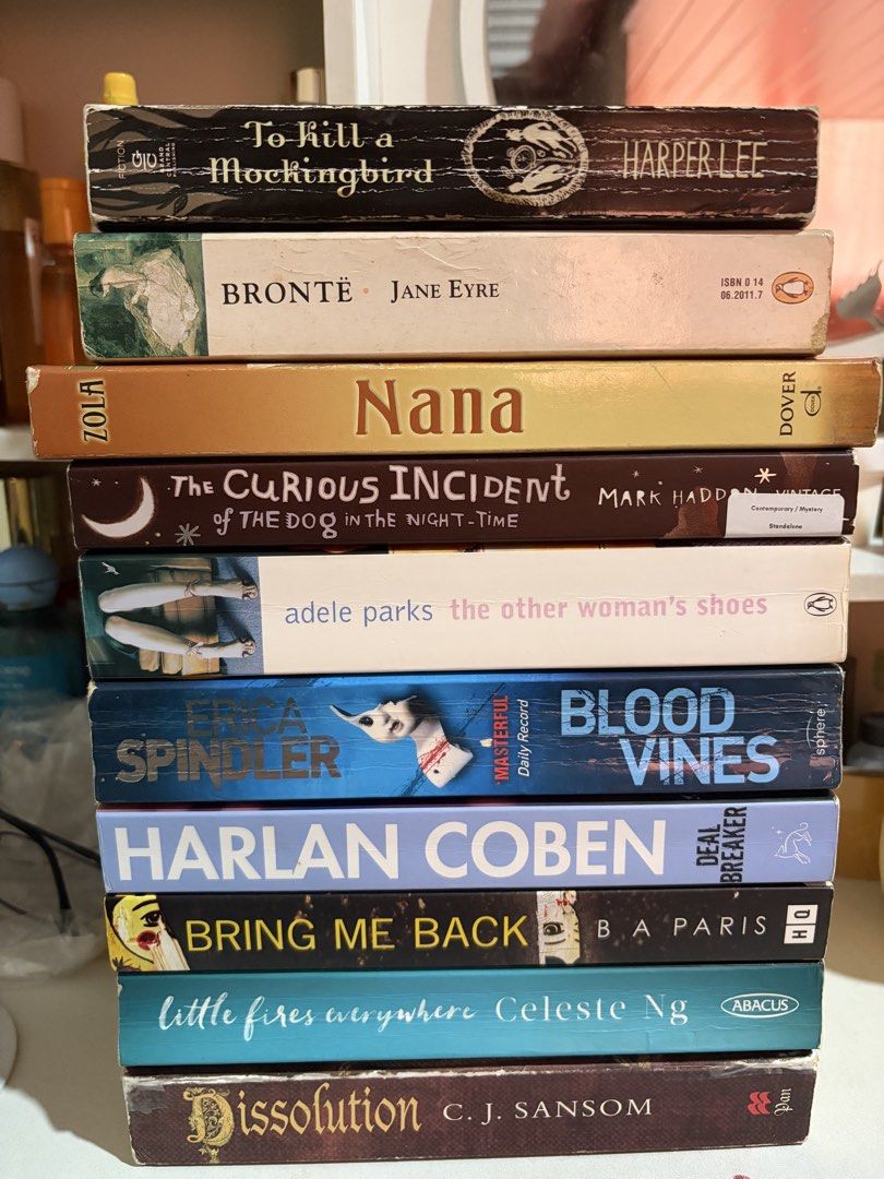 Assorted Fiction and Classic Novels Bundle (Category: Storybooks) located in Malabon City. Submitted by maryannejolo (Listing ID 1469602932, Image 1). Description: - Bundle of 10 books (paperback and hardcover) - Authors include Harper Lee, Bronte, Zola, Mark Haddon, Adele Parks, Erica Spindler, Harlan Coben, B.A. Paris, Celeste Ng, and C.J. Sansom - Genres: Classic literature, modern thrillers, and mysteries - Condition: Normal shelf wear visibl