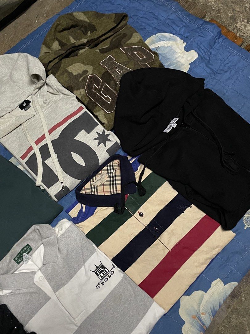 Assorted Hoodies and Polo Shirts Bundle (Category: Hoodies) located in Manila. Submitted by chawmichael (Listing ID 1469601860, Image 2). Description: - All-in-one branded clothing bundle - Hoodies include: Essentials Fear of God, Jordan, DC, Stone Island, and Gap camo - Polos include: Burberry and R18 striped polo shirts - Assorted colors, styles, and sizes as pictured - Perfect for resellers or wardrobe refresh.