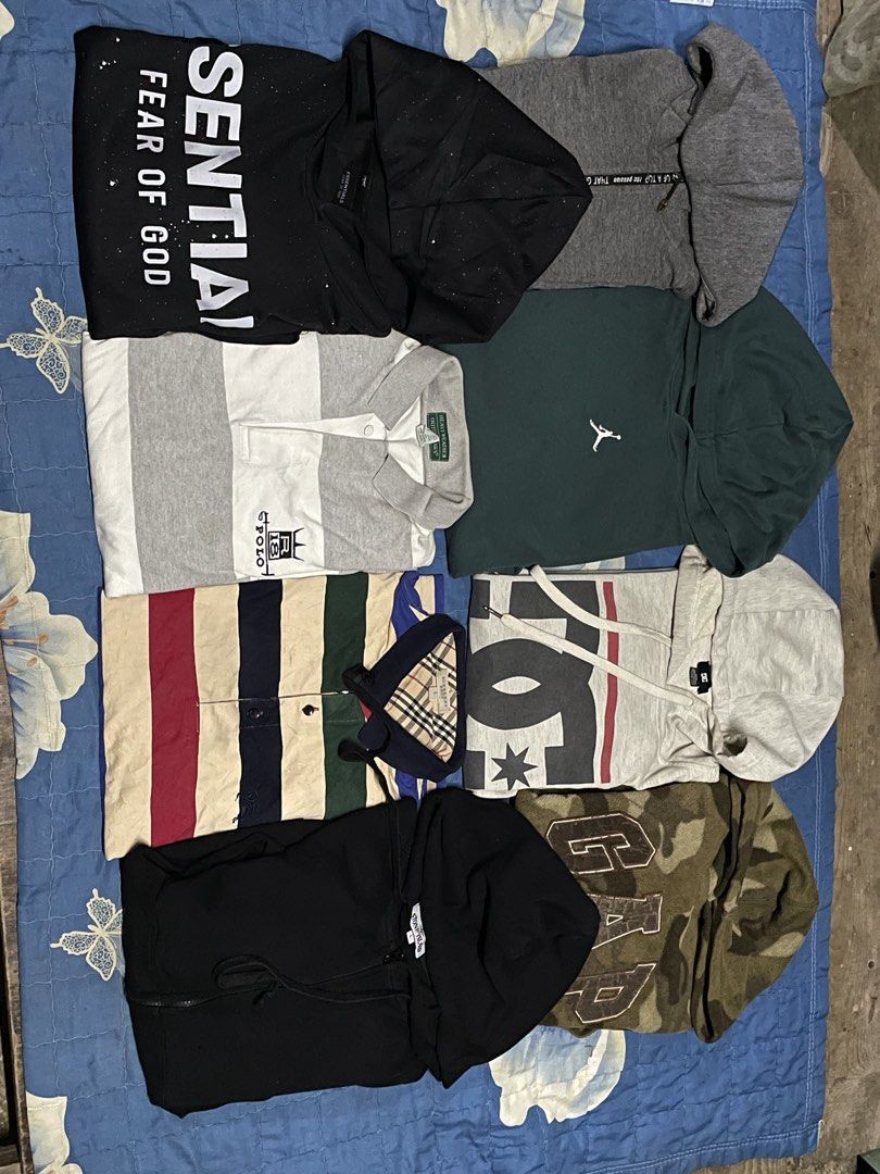 Assorted Hoodies and Polo Shirts Bundle (Category: Hoodies) located in Manila. Submitted by chawmichael (Listing ID 1469601860, Image 1). Description: - All-in-one branded clothing bundle - Hoodies include: Essentials Fear of God, Jordan, DC, Stone Island, and Gap camo - Polos include: Burberry and R18 striped polo shirts - Assorted colors, styles, and sizes as pictured - Perfect for resellers or wardrobe refresh.