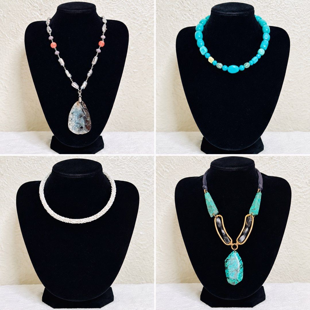 Assorted Statement Necklaces - Bundle (Category: Necklaces) located in Makati City. Submitted by avic_c (Listing ID 1469583066, Image 1). Description: - Set of 4 unique necklaces for versatile styling - 1st piece: Large patterned stone pendant with coral and silver beads - 2nd piece: Vibrant turquoise round beads - 3rd piece: Delicate multi-strand white seed bead choker - 4th piece: Chunky turquoise stones with dark wire hoops and matching pendan