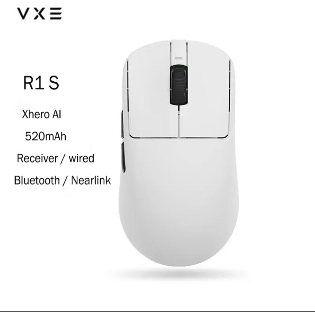 ATK Gear VXE R1 S Lightweight Wireless Mouse (Category: Mouse & Mousepads) located in Manila. Submitted by ellie.copter (Listing ID 1469602080, Image 2). Description: - Model: ATK Gear VXE R1 S Wireless Mouse - Color: White - Condition: Brand New in Box (BNIB) with protective blue films still on bottom skates - Connectivity: Tri-mode (Bluetooth, 2.4G receiver, and Wired) - Battery: 520mAh capacity for long-lasting use - Tech: Powered by Xhero AI 