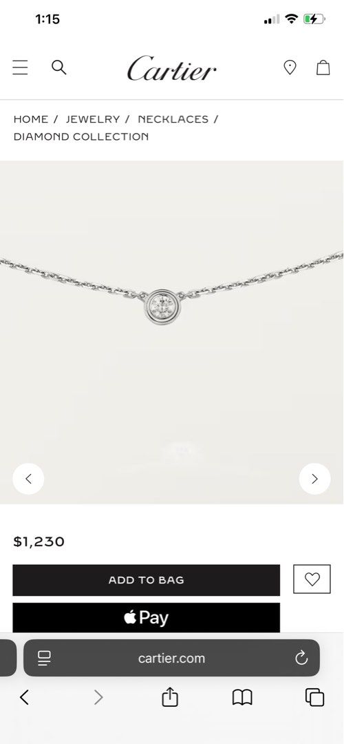 Auth CARTIER D'AMOUR, DIAMOND, MINI MODEL (Category: Necklaces) located in Quezon. Submitted by queenlux15 (Listing ID 1469614187, Image 1). Description: Authentic 💯 CARTIER D’AMOUR PENDANT, DIAMOND, MINI MODEL White gold Necklace only with provided box Cleaned at cartier GB.