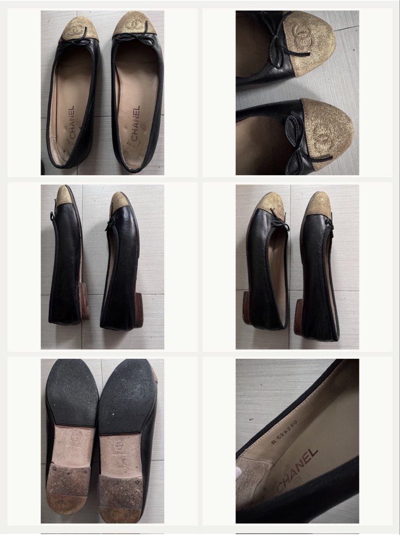 CHANEL Cap-Toe Ballet Flats | Size 39 (Category: Sneakers & Footwear) located in Pasig City. Submitted by jjjj0987 (Listing ID 1469607405, Image 1). Description: Classic Chanel black ballet flats with gold cap toes and signature bow detail. Made in Italy, size 39. Selling low. Well used. Shows visible signs of wear and storage, as shown in the photos. Still a classic Chanel pair for someone who appreciates the style. 📌 Please see photos for actu