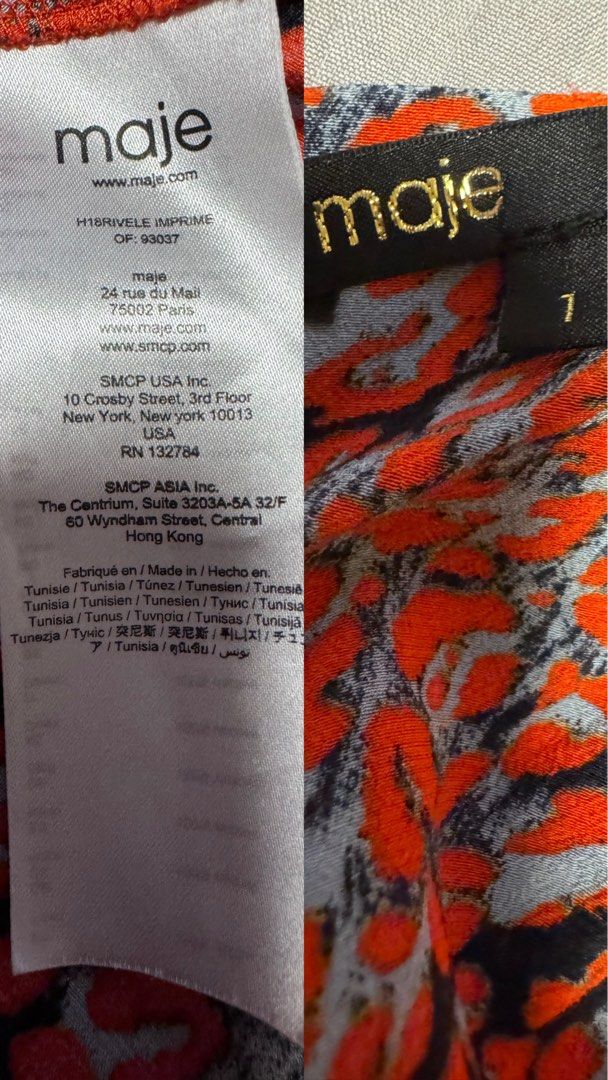 Authentic MAJE Rivele Imprimé Dress (Category: Luxury Apparel) located in Pasig City. Submitted by jjjj0987 (Listing ID 1469610141, Image 2). Description: ✨ Size 1 (fits S / US 2–4) ✨ Beautiful printed Maje dress with a flattering ruffled asymmetrical neckline and flowy skirt. A statement piece that can be dressed up or worn casually. ✨ Condition: Used twice, Lightly used, well-kept and in good condition. ✨ Authentic Maje. Brand and care labels s