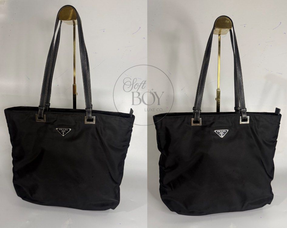 Authentic Prada Tessuto Nylon Tote Bag – Black (Category: Luxury Bags & Wallets) located in Manila. Submitted by raymondabigan (Listing ID 1469634376, Image 2). Description: Authentic Prada Tessuto Nylon Tote Bag – Black A classic Prada nylon tote bag in black, featuring the iconic triangular logo plaque, leather shoulder straps, and silver-tone hardware. Complete with a spacious interior, zippered closure, and leather base, this vintage piece of
