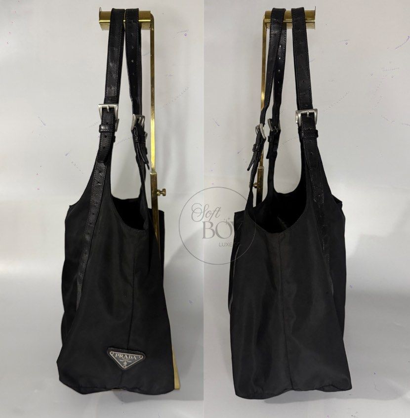 Authentic Prada Vintage Hobo / Shoulder Bag – Black (Category: Luxury Bags & Wallets) located in Manila. Submitted by raymondabigan (Listing ID 1469662807, Image 1). Description: Authentic Prada Vintage Hobo / Shoulder Bag – Black A vintage Prada nylon shoulder bag featuring the iconic triangular Prada Milano logo plaque, leather trim, and adjustable leather shoulder straps with buckle details. Its relaxed hobo silhouette and spacious interior ma