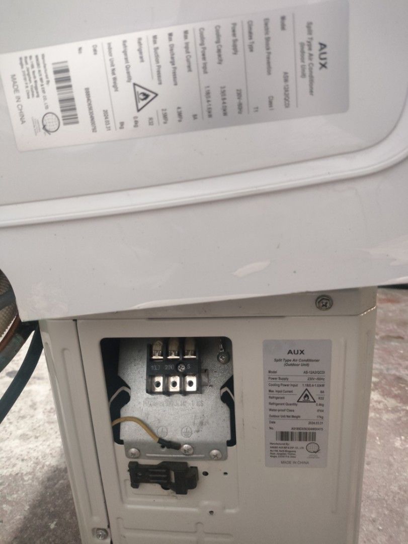 AUX Split Type Air Conditioner AS-12A2/QCDI (Category: Air Conditioning and Heating) located in Manila. Submitted by unotravis0830 (Listing ID 1469644985, Image 1). Description: - Brand: AUX Split Type Air Conditioner - Model: AS-12A2/QCDI (Mfg: March 2024) - Complete set: Includes indoor and outdoor units - Power Supply: 230V-60Hz - Cooling Capacity: 3.50/3.4-3.6kW - Refrigerant: R32 (0.4kg) - Unit Weights: Outdoor 17kg / Indoor 8kg - Condition: