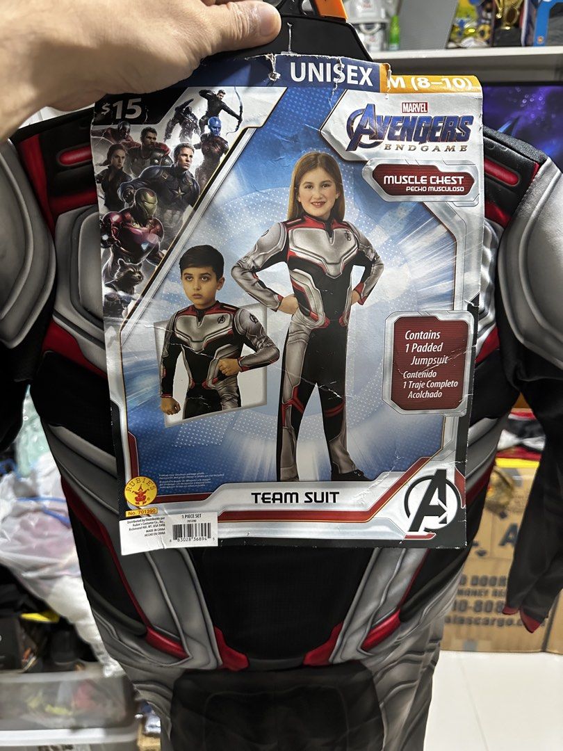 Avengers Endgame Quantum Suit Costume (Category: Babies & Kids Fashion) located in Quezon City. Submitted by breakstuf50 (Listing ID 1469732949, Image 1). Description: - Design: Iconic Avengers Endgame quantum suit in grey, black, and red with chest logo - Size: Medium (Tag attached) - Measurements: Chest width ~12", Sleeve length ~17", Total length ~31" - Style: Full-length jumpsuit - Condition: Great for parties, cosplay, and dress-up events.