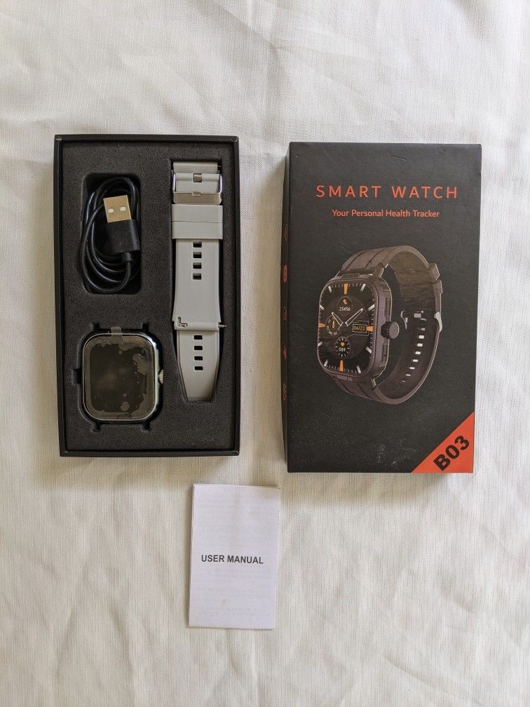 B03 Smart Watch / Personal Health Tracker (Category: Men's Watches) located in Quezon City. Submitted by kiesentials (Listing ID 1469637122, Image 1). Description: Condition: Brand New in Box (BNIB) / Screen protector intact / Complete set Model: B03 Smart Watch Features: Fitness and health tracking (heart rate, steps, activity tracking), Bluetooth smart notification sync, customizable watch faces 📍 Location: Quezon City 💳 Payment: GCash / Maya
