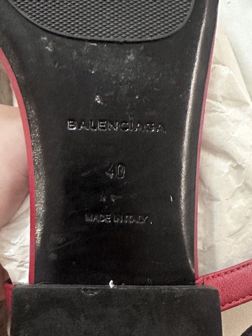 Balenciaga Studded T-Strap Flat Sandals Red Size 40 (Category: Flats & Sandals) located in Makati City. Submitted by lms_nat (Listing ID 1469588651, Image 3). Description: - Brand: Balenciaga - Item: Studded T-Strap Sandals - Color: Red with silver-tone hardware - Size: EU 40 (Made in Italy) - Material: Genuine Leather - Features: Flat sole, studded strap details, ankle strap with buckle closure - Inclusions: Original Balenciaga branded box and d