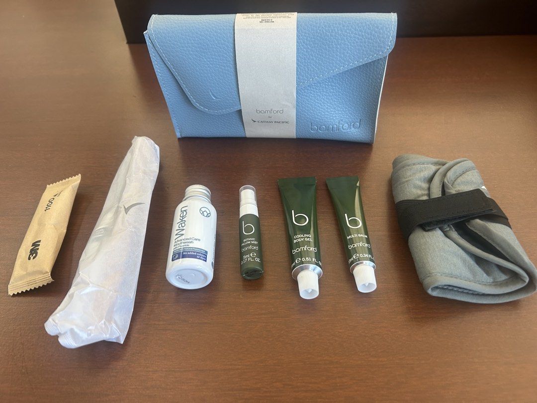 Bamford by Cathay Pacific Business class Pouch (Category: Body Care) located in Manila. Submitted by chiccorner (Listing ID 1469579557, Image 1). Description: Pouch color availble Light blue Dark blue White Beige Includes: Eyemask Toothpaste/ toothbrush Earplug Multi balm 10ml Cooling body 15ml Botanic pillow mist 5ml Waken advance care mouth wash with flouride .