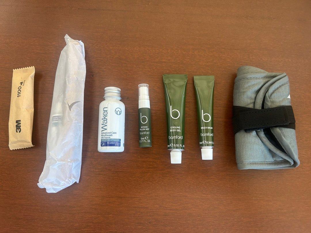 Bamford by Cathay Pacific Business class Pouch (Category: Body Care) located in Manila. Submitted by chiccorner (Listing ID 1469579557, Image 3). Description: Pouch color availble Light blue Dark blue White Beige Includes: Eyemask Toothpaste/ toothbrush Earplug Multi balm 10ml Cooling body 15ml Botanic pillow mist 5ml Waken advance care mouth wash with flouride .