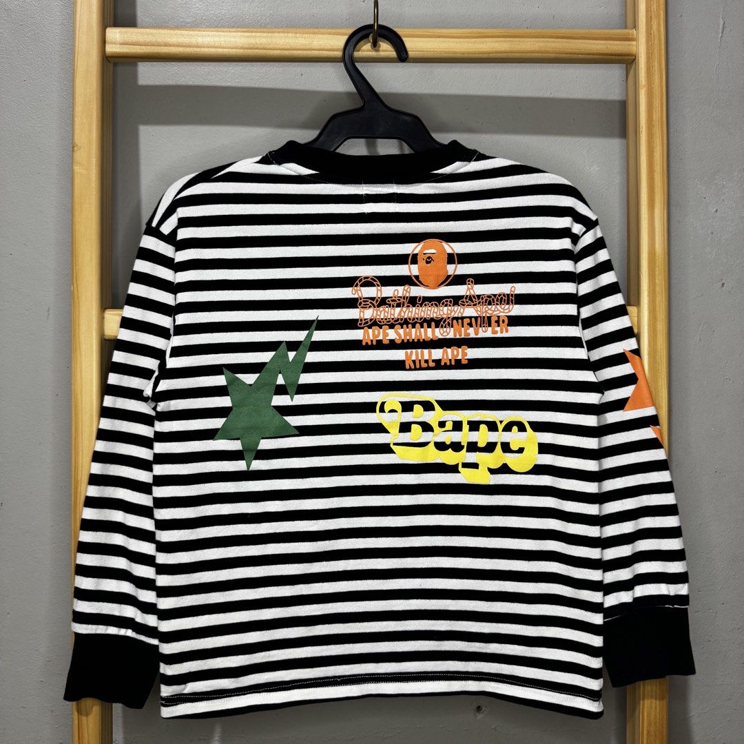 BAPE kids striped-long sleeves (Category: Babies & Kids Fashion) located in Valenzuela. Submitted by thriftynanay88 (Listing ID 1469639399, Image 2). Description: Size 130 on tag, runs small fits 4-5Y Needs wash.